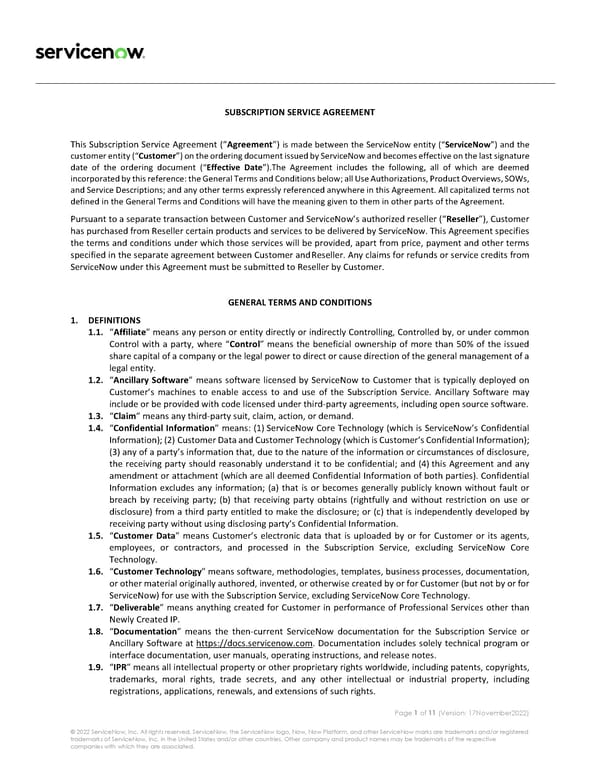 Subscription Service Agreement - Page 1